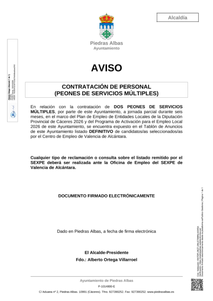 Imagen AVISO CONTRATACIÓN: PEÓN DE SERVICIOS MÚLTIPLES