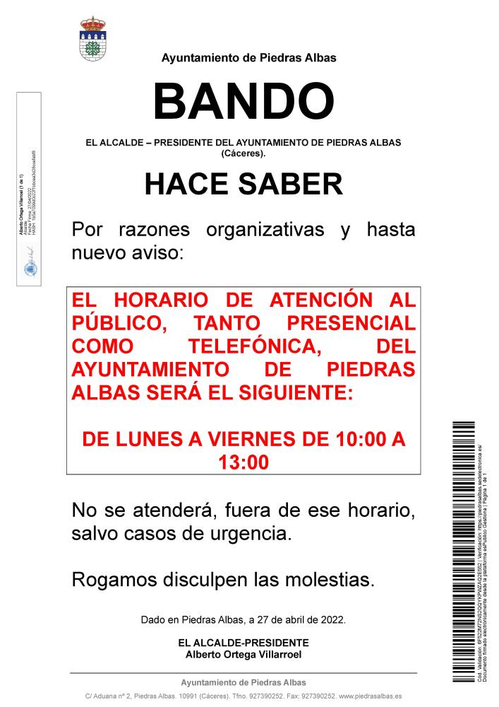 Imagen NUEVO HORARIO DE ATENCIÓN AL PÚBLICO