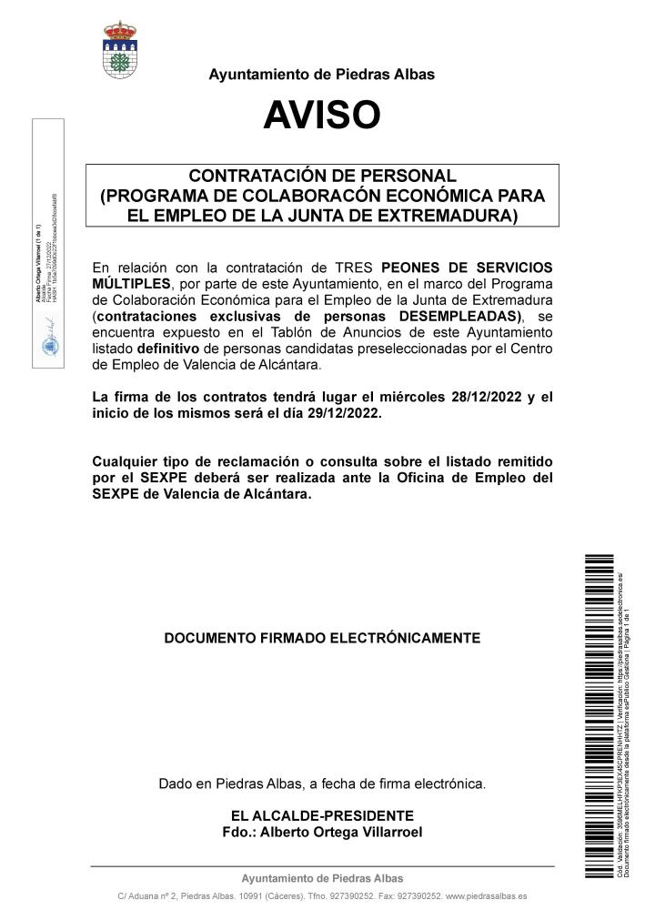 Imagen CONTRATACIÓN DE PERSONAL (PROGRAMA DE COLABORACÓN ECONÓMICA PARA EL EMPLEO DE LA JUNTA DE EXTREMADURA): PEONES DE SERVICIOS MÚLTIPLES. LISTADOS DEFINITIVOS