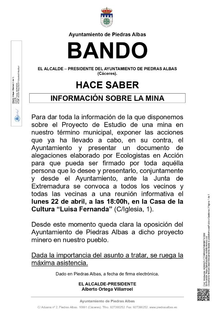 Imagen INFORMACIÓN SOBRE PROYECTO MINERO EN PIEDRAS ALBAS
