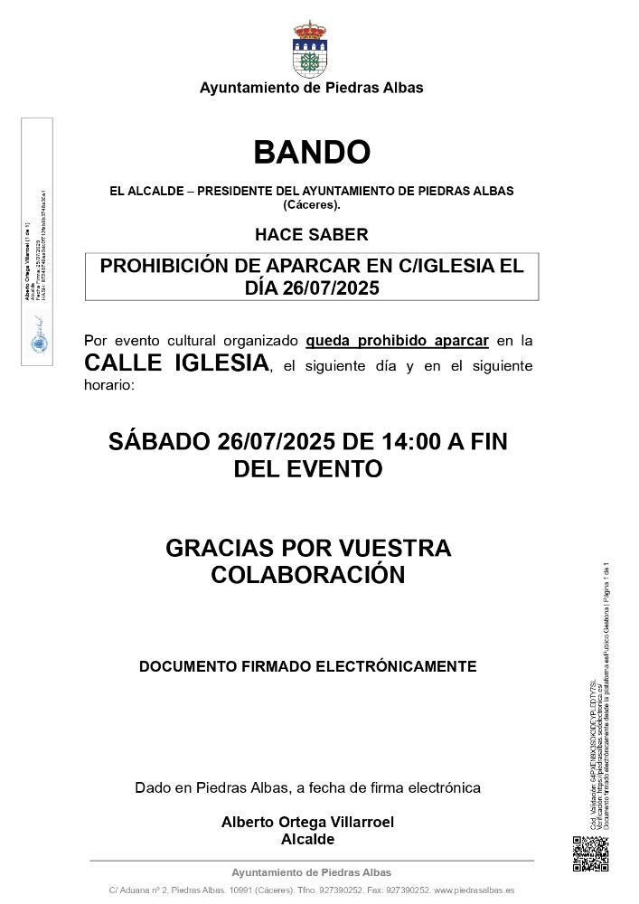 Imagen PROHIBICIÓN DE APARCAR EN C/IGLESIA EL DÍA 26/07/2025