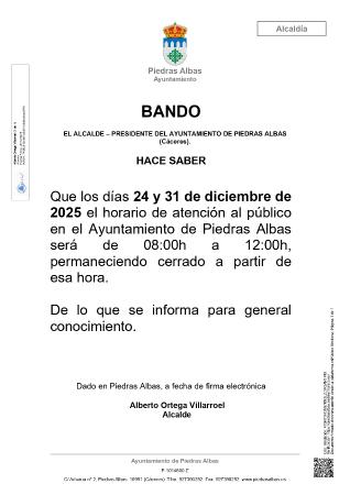 Imagen HORARIO ESPECIAL EN EL AYUNTAMIENTO (DÍAS 24 Y 31 DE DICIEMBRE DE 2025)