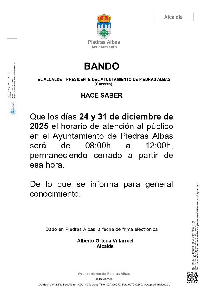 Imagen HORARIO ESPECIAL EN EL AYUNTAMIENTO (DÍAS 24 Y 31 DE DICIEMBRE DE 2025)