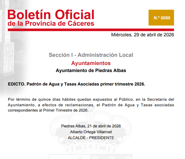 Imagen Padrón de Agua y Tasas Asociadas primer trimestre 2026.