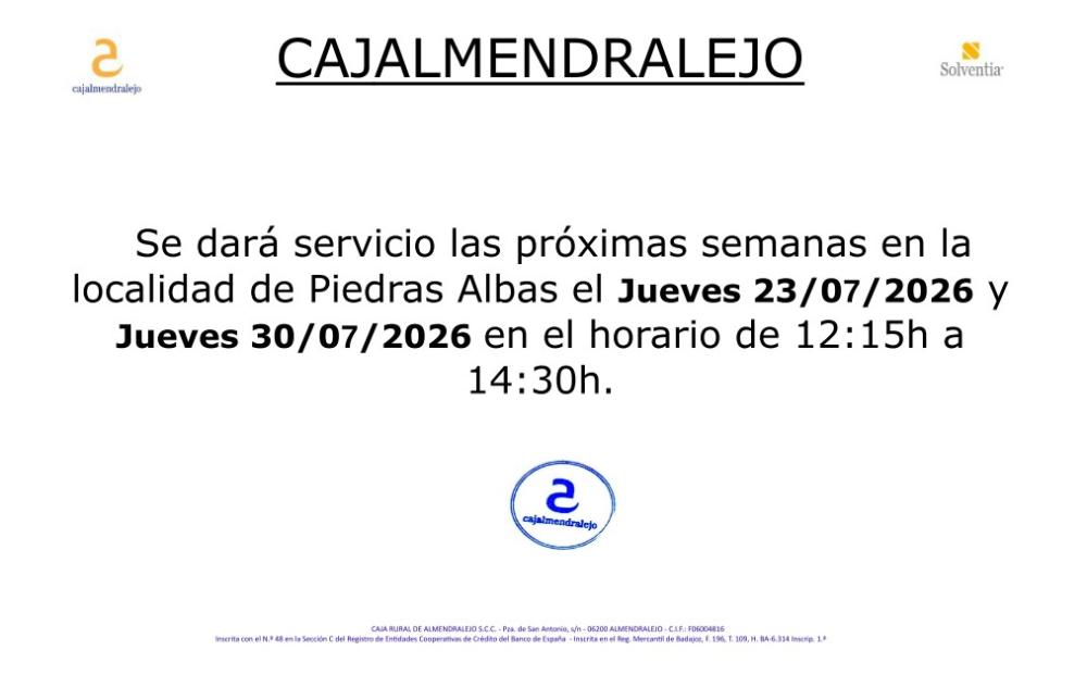 Imagen CAJA ALMENDRALEJO: CAMBIO DÍAS DE ATENCIÓN AL PÚBLICO (JULIO 2026)