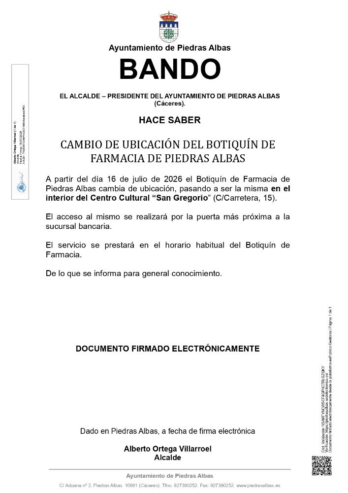 Imagen CAMBIO DE UBICACIÓN DEL BOTIQUÍN DE FARMACIA DE PIEDRAS ALBAS