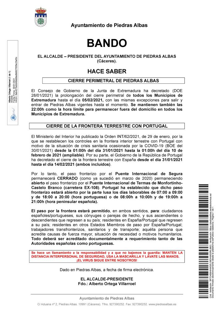 Imagen CIERRE PERIMETRAL DE PIEDRAS ALBAS Y CIERRE DE LA FRONTERA CON PORTUGAL